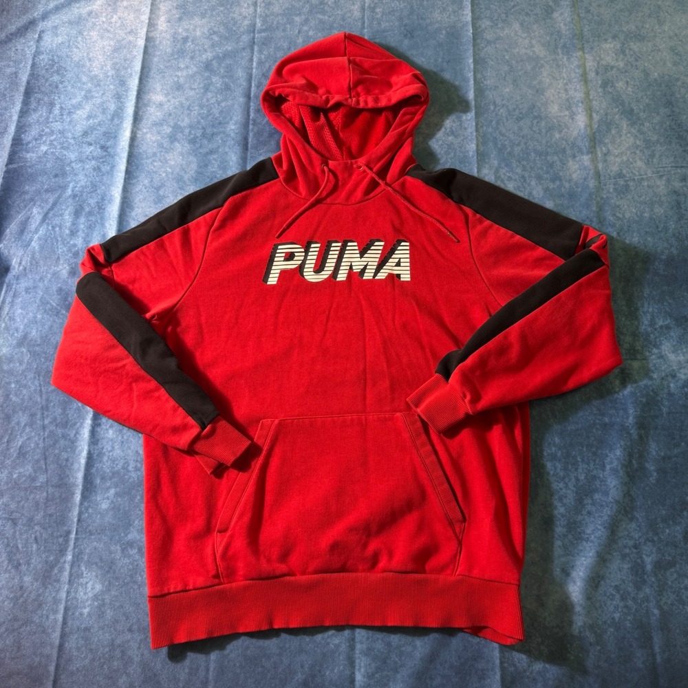 Streetwear Puma Red Black Logo Pullover Hoodie Large Distressed